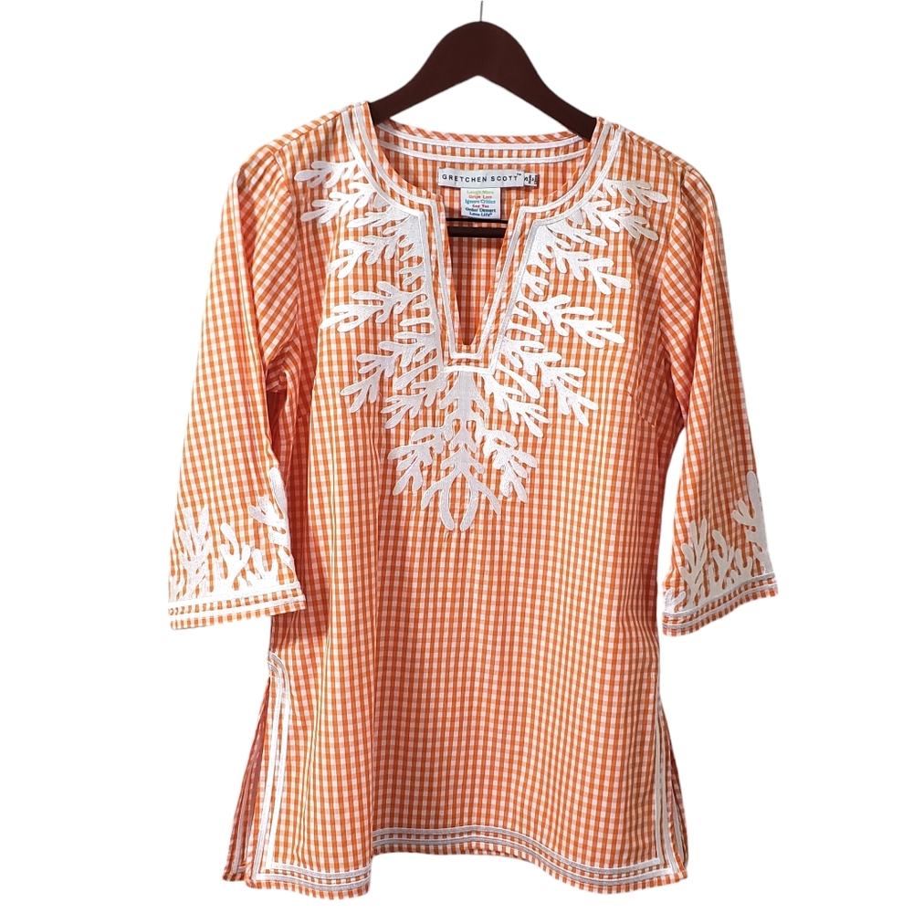 Gretchen Scott Designs Cotton Gingham The Reef Tunic Top Orange Womens Sz Small